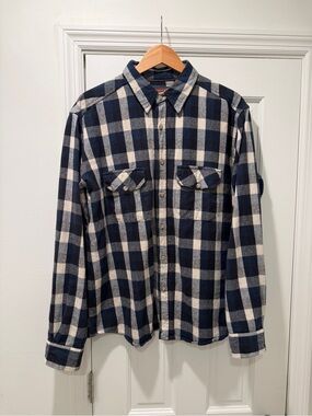 Men's Navy and Cream Plaid Button-Up Shirt